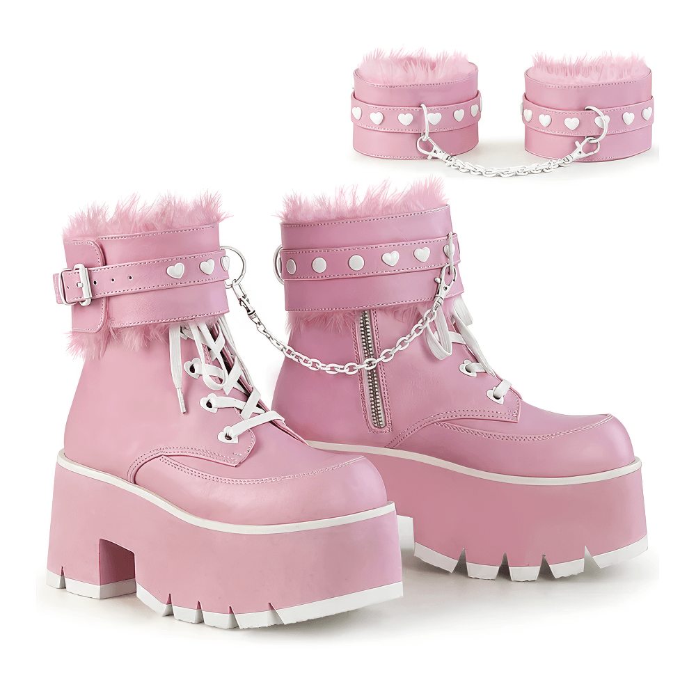 DEMONIA Ladies Fur-Cuffed Pink Leather Platform Boots