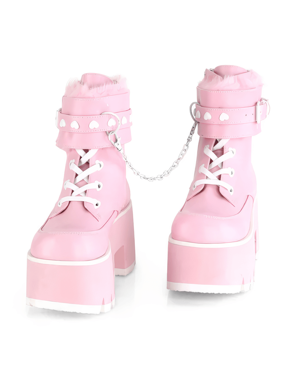 Daring Demonia pink leather platform boots with fur cuffs, heart-studded lace-ups, and a stylish chunky heel.