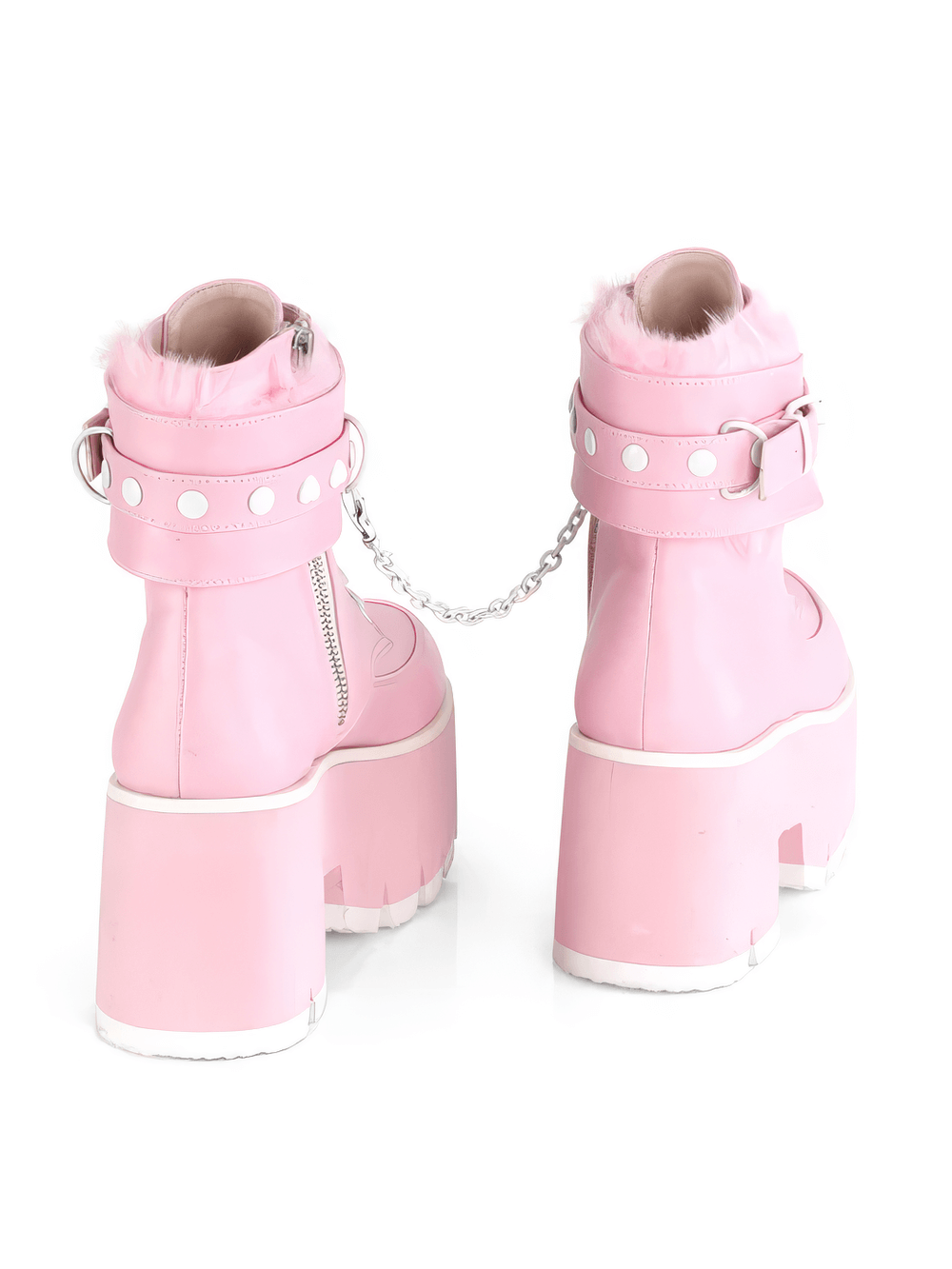 Fur-cuffed pink leather platform boots with heart studs and chain detail, perfect for edgy fashionistas.