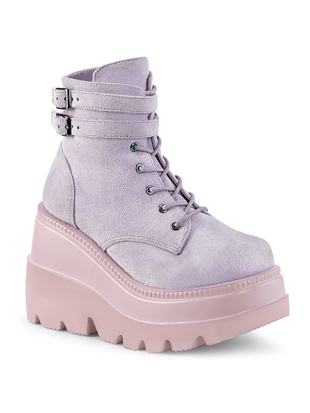 DEMONIA Lavender Wedge Platform Ankle Boots with Buckled Straps