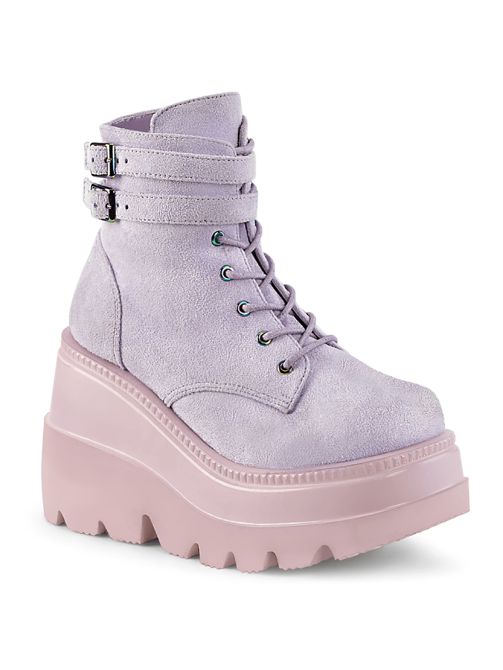 Demonia lavender wedge platform ankle boots with buckled straps and lace-up front, perfect for alternative fashion.