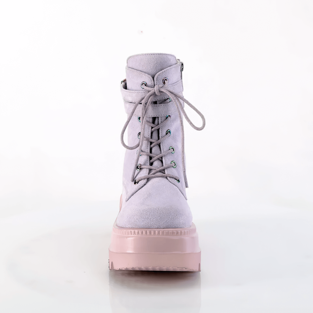 Demonia lavender lace-up ankle boots with 4.5" wedge platform and buckled straps for alternative style.