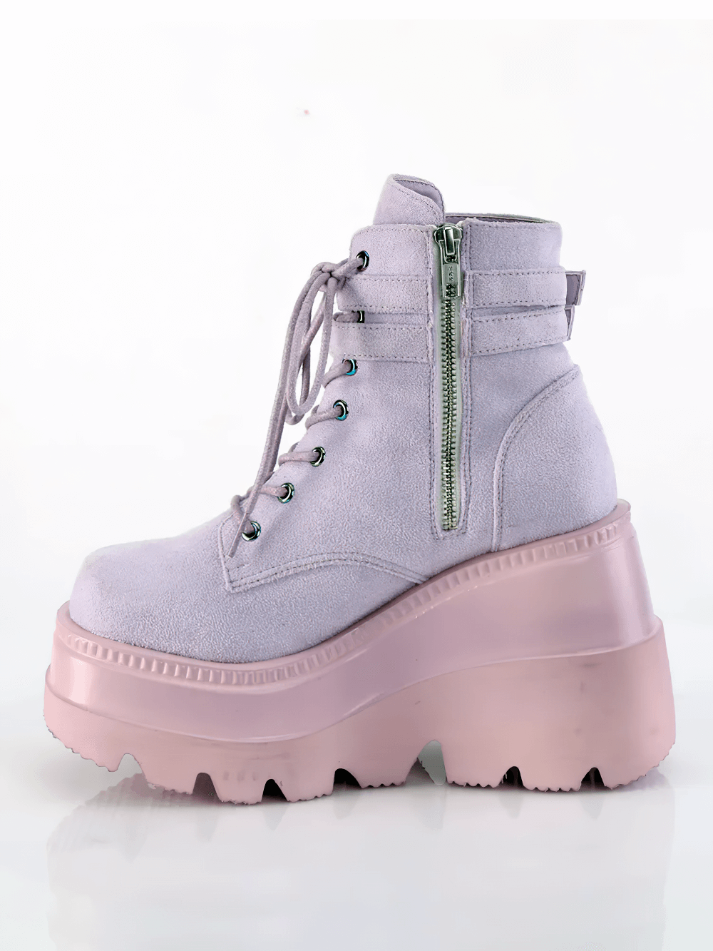Demonia lavender wedge platform ankle boots with lace-up front and side zip, perfect for alternative style.