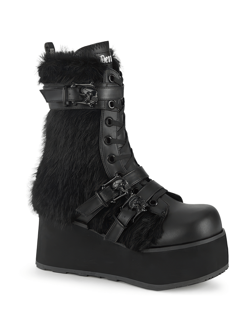 Demonia black mid-calf boots with fur and skull accents, featuring a bold 3 1/4" platform and stylish buckle details.
