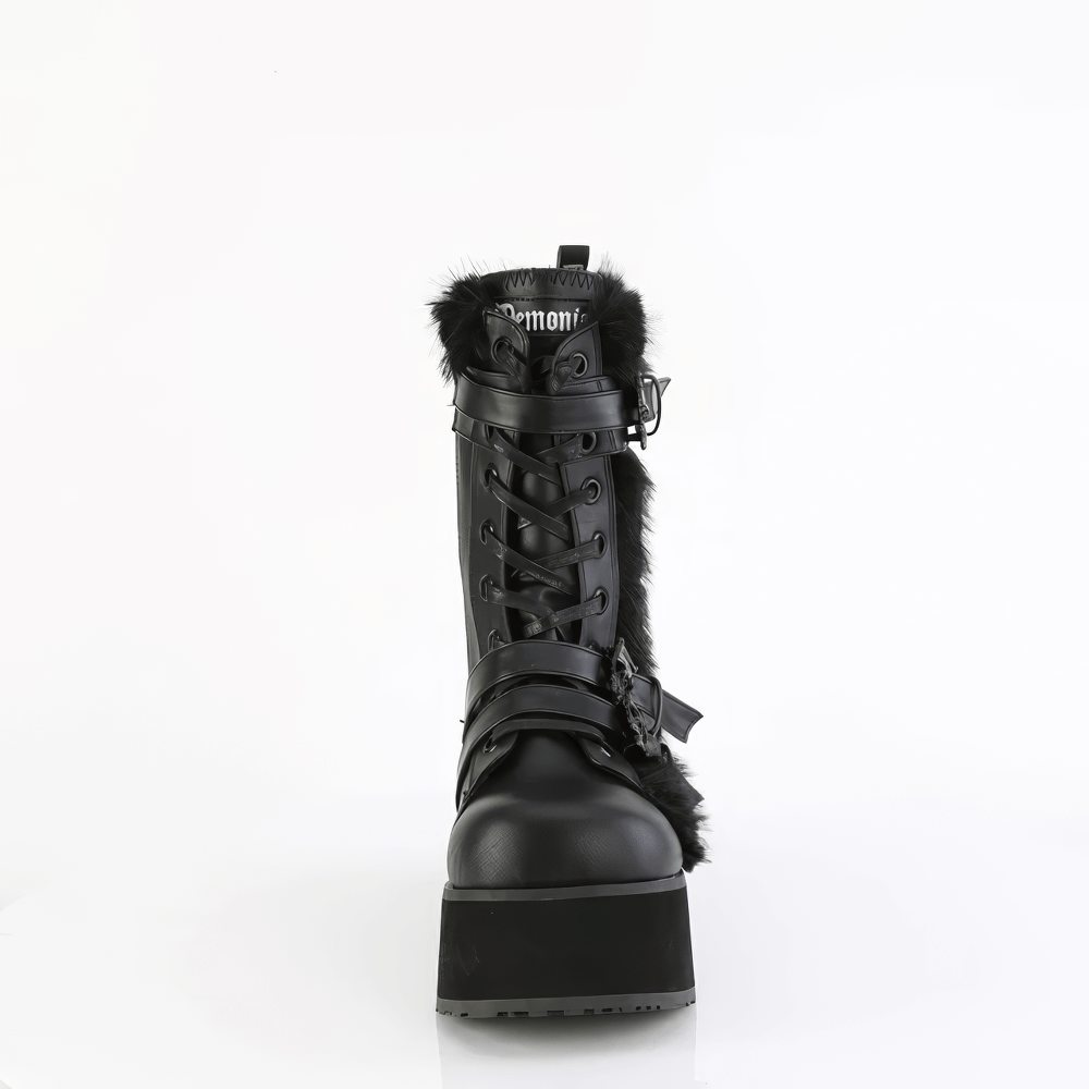 DEMONIA Leather Black Mid-Calf Boots with Skull Accents
