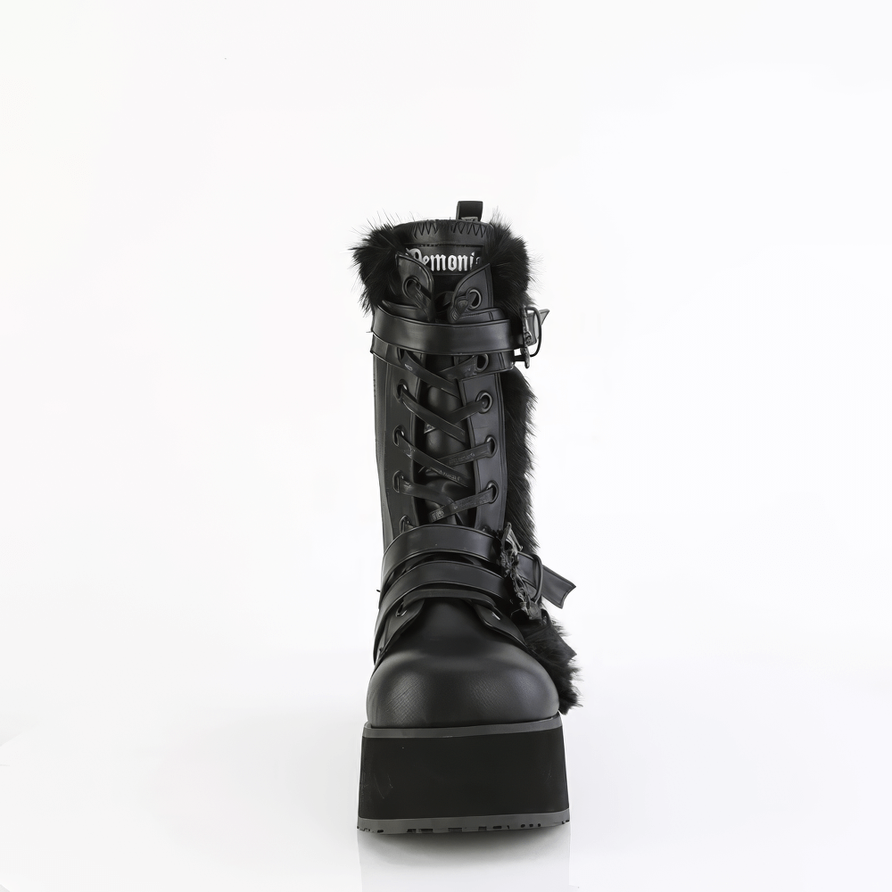 Demonia black mid-calf boots with skull accents, fur panel, and platform, perfect for punk style lovers.