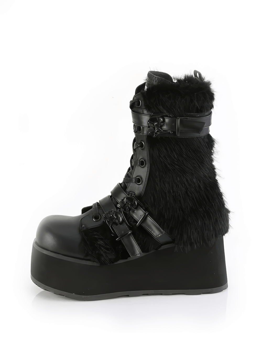 Stylish Demonia black mid-calf boots with fur accent and skull buckles, featuring a bold platform design.