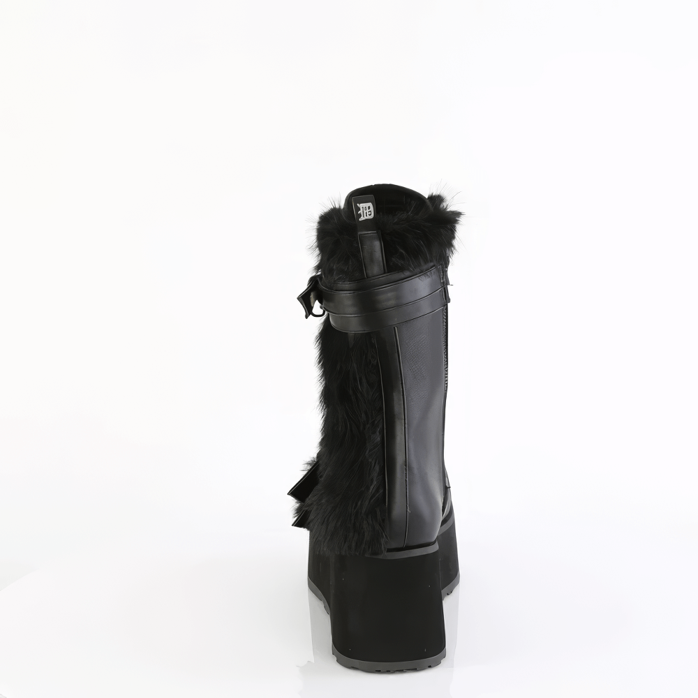 Back view of Demonia black mid-calf boots with skull accents and fur detail, showcasing stylish platform design.