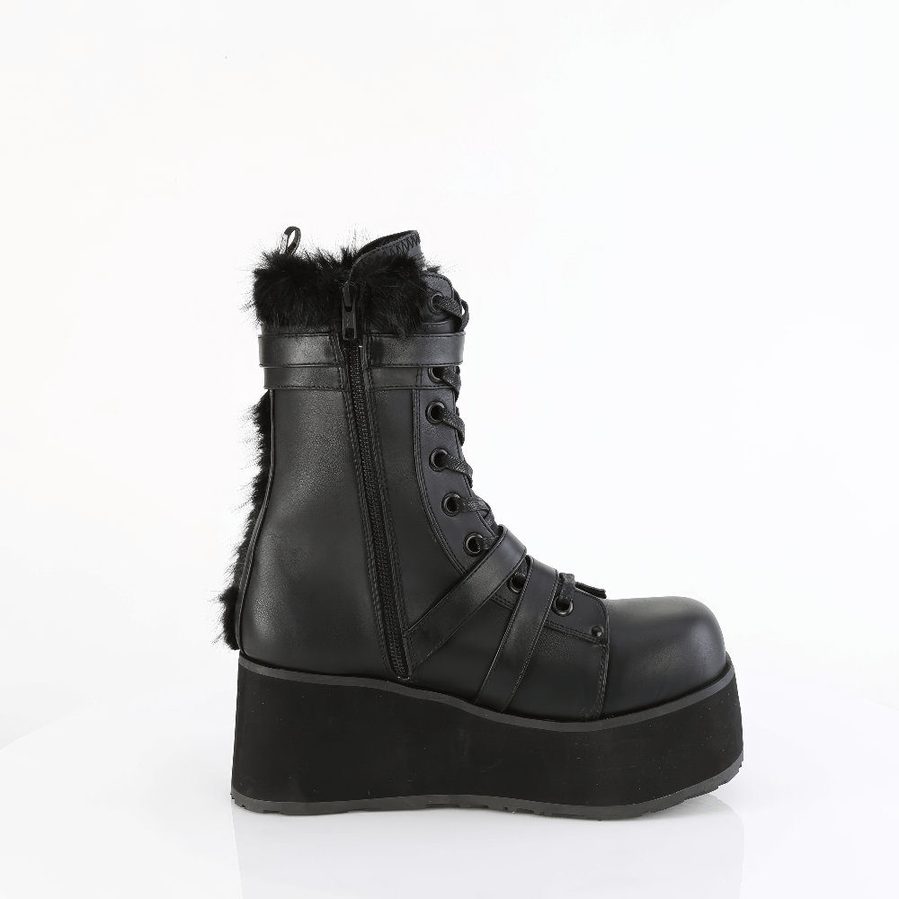 Black mid-calf boots with fur accents and skull buckle straps, featuring a bold platform heel.