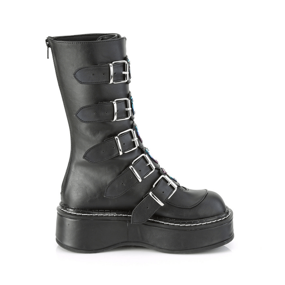 Demonia mid-calf black vegan leather boots with heart buckles and 2-inch platform for a bold style statement.