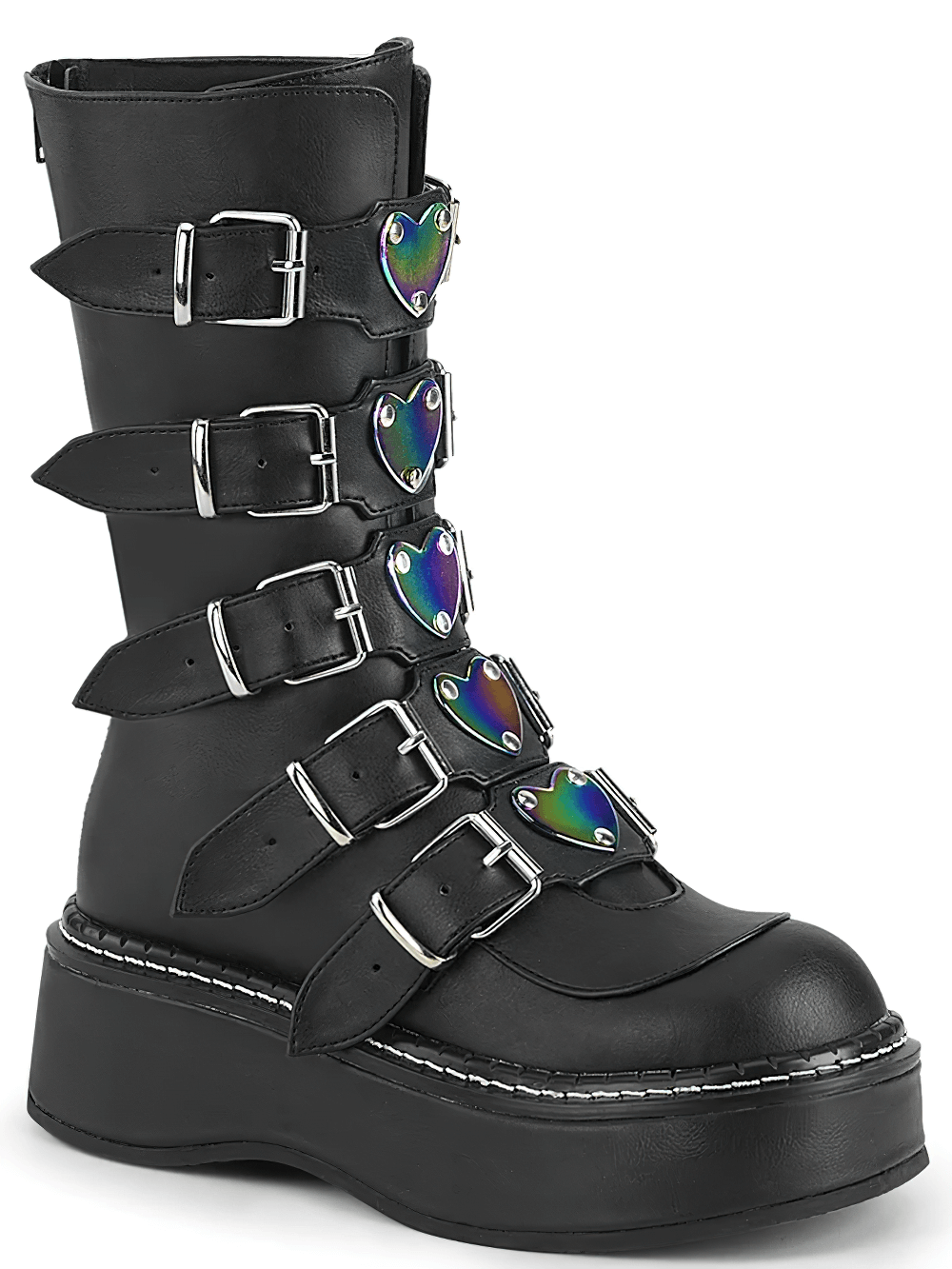 Demonia mid-calf black vegan leather boots with heart buckles and 2-inch platform sole.