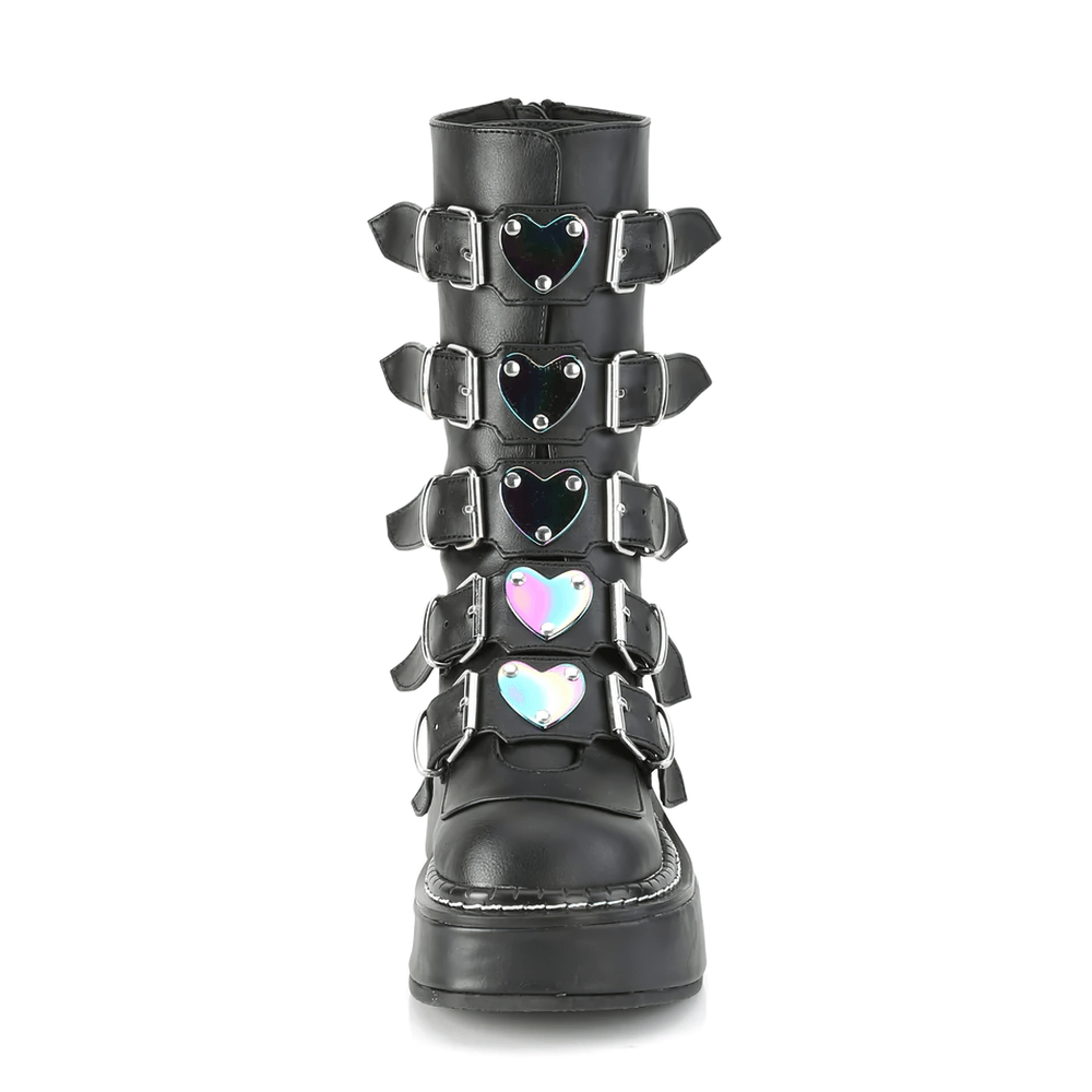 Demonia mid-calf black vegan leather boots with five buckle straps and colorful heart-shaped plates.