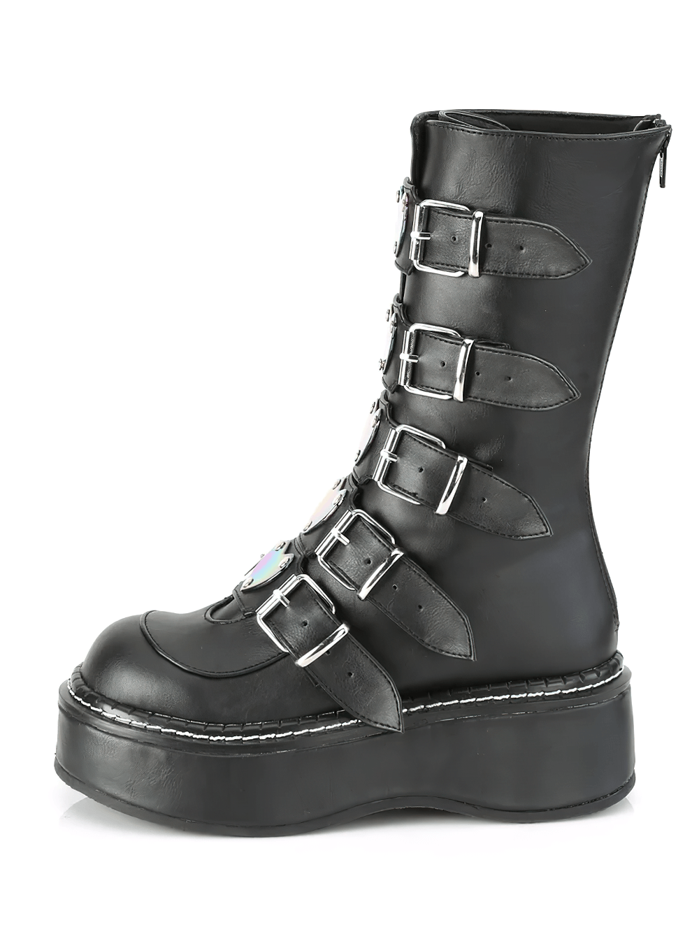 Demonia leather mid-calf boot with heart buckles and platform sole, stylish black vegan leather, unique buckle design.