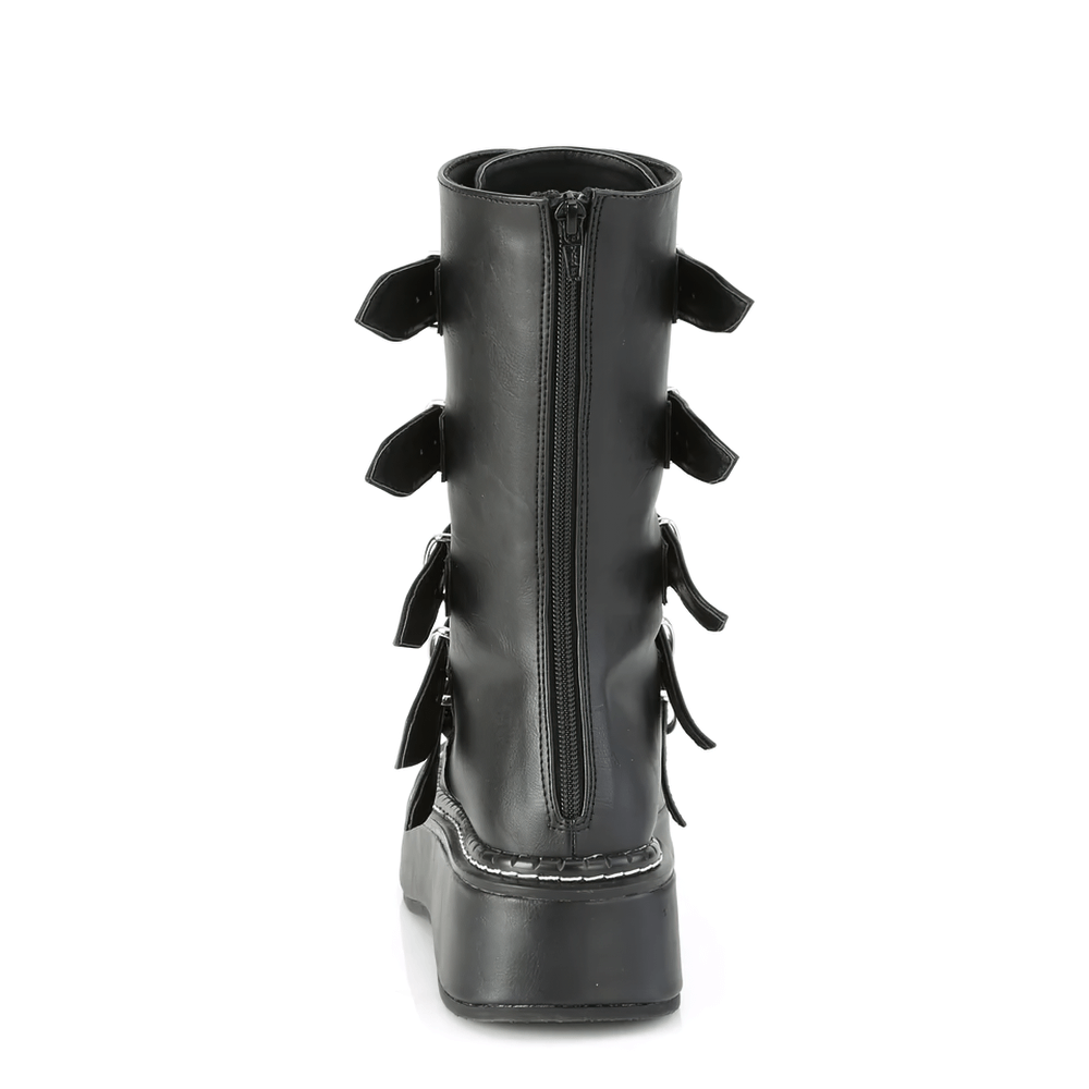 Back view of DEMONIA leather mid-calf boots with heart buckles and zip closure for easy wear.