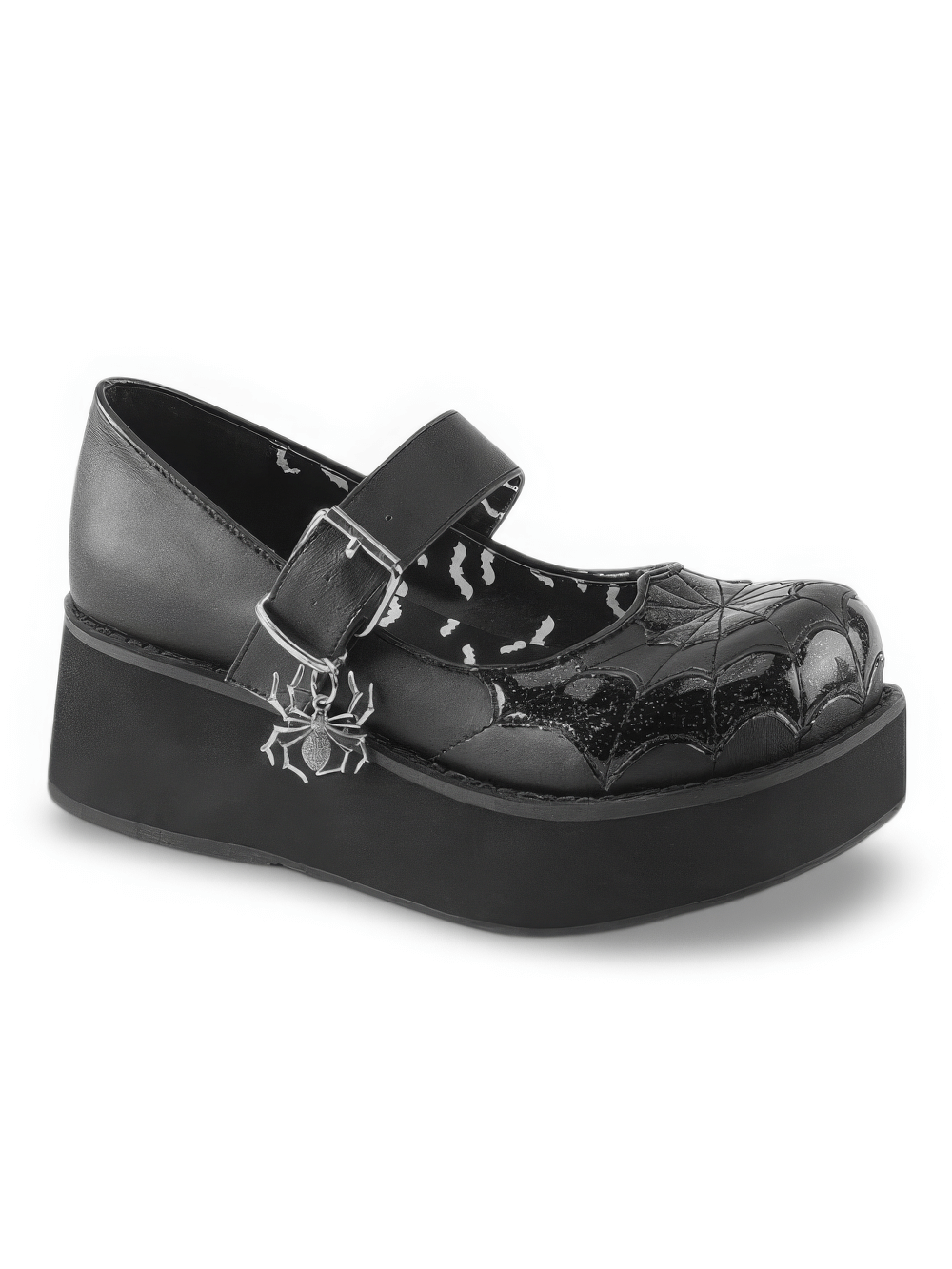 Gothic Demonia Mary Jane platform shoes with spider web design and charm, black vegan leather, 2 1/4" platform.