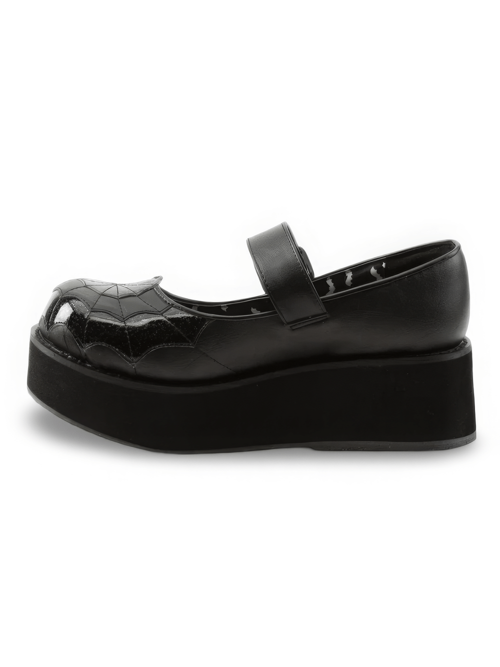 Black vegan leather Mary Jane platform shoes with spider web design and strap, perfect for gothic style.