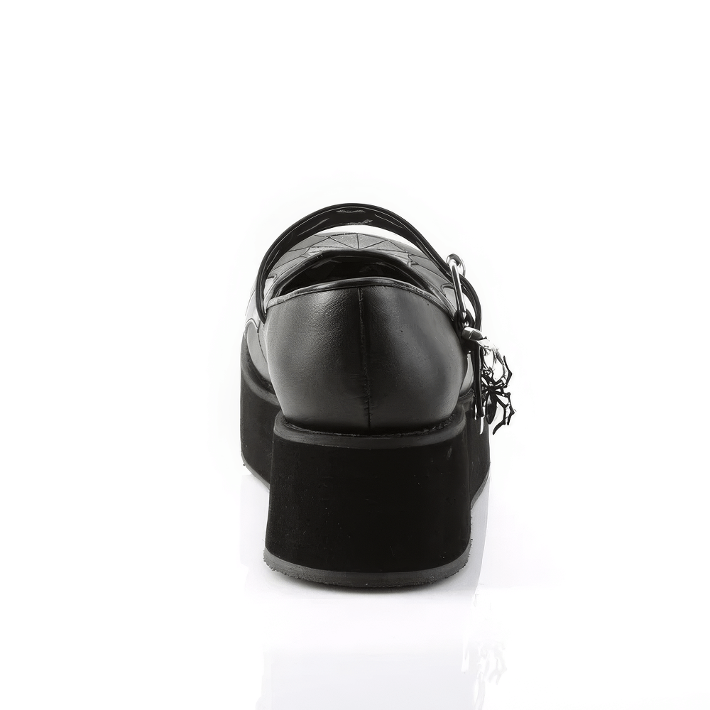 Back view of Demonia Mary Jane platform shoes with spider web design and charm, showcasing gothic style and bold vegan leather.