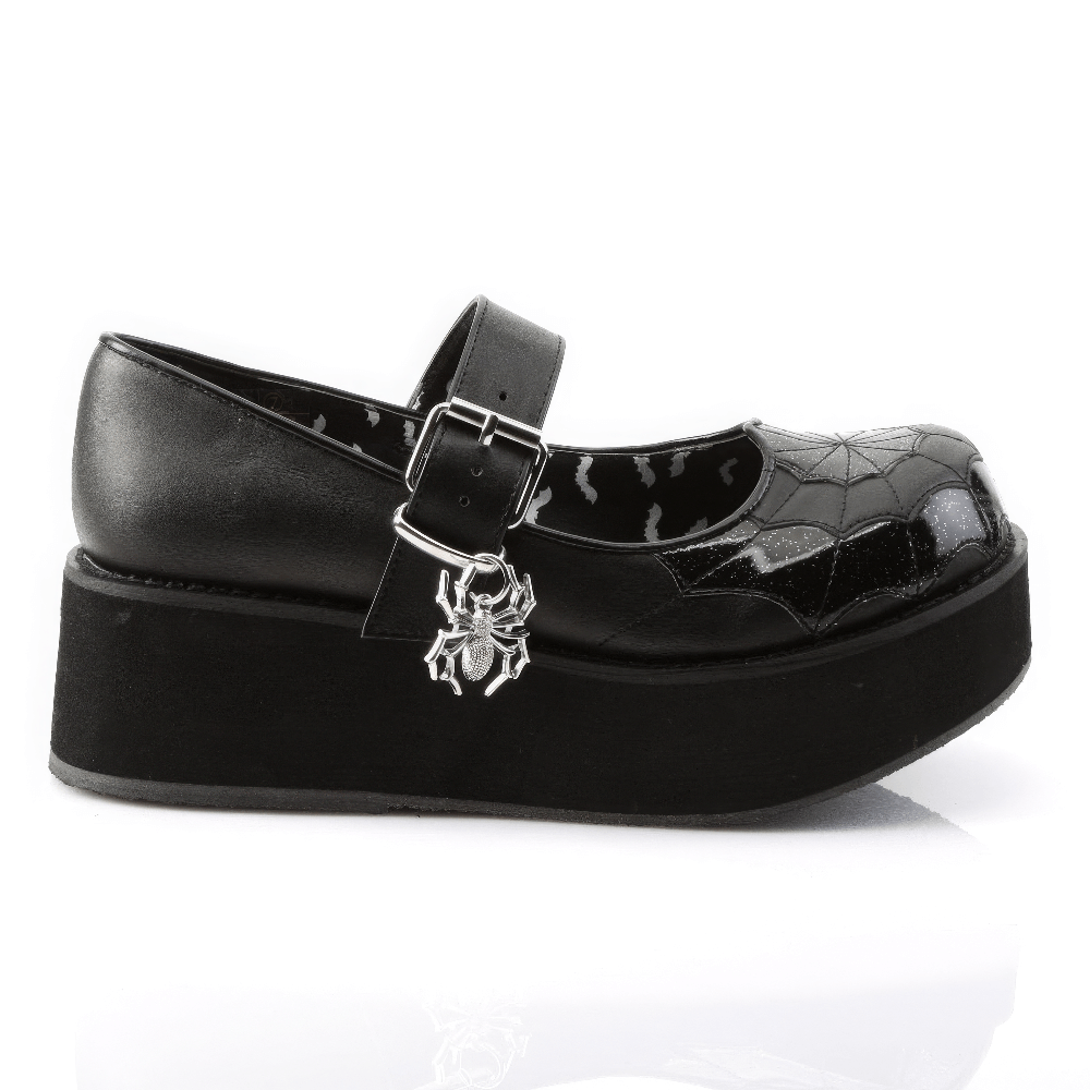 Black vegan leather Mary Jane platform shoes with spider web design and charm, perfect for gothic fashion lovers.