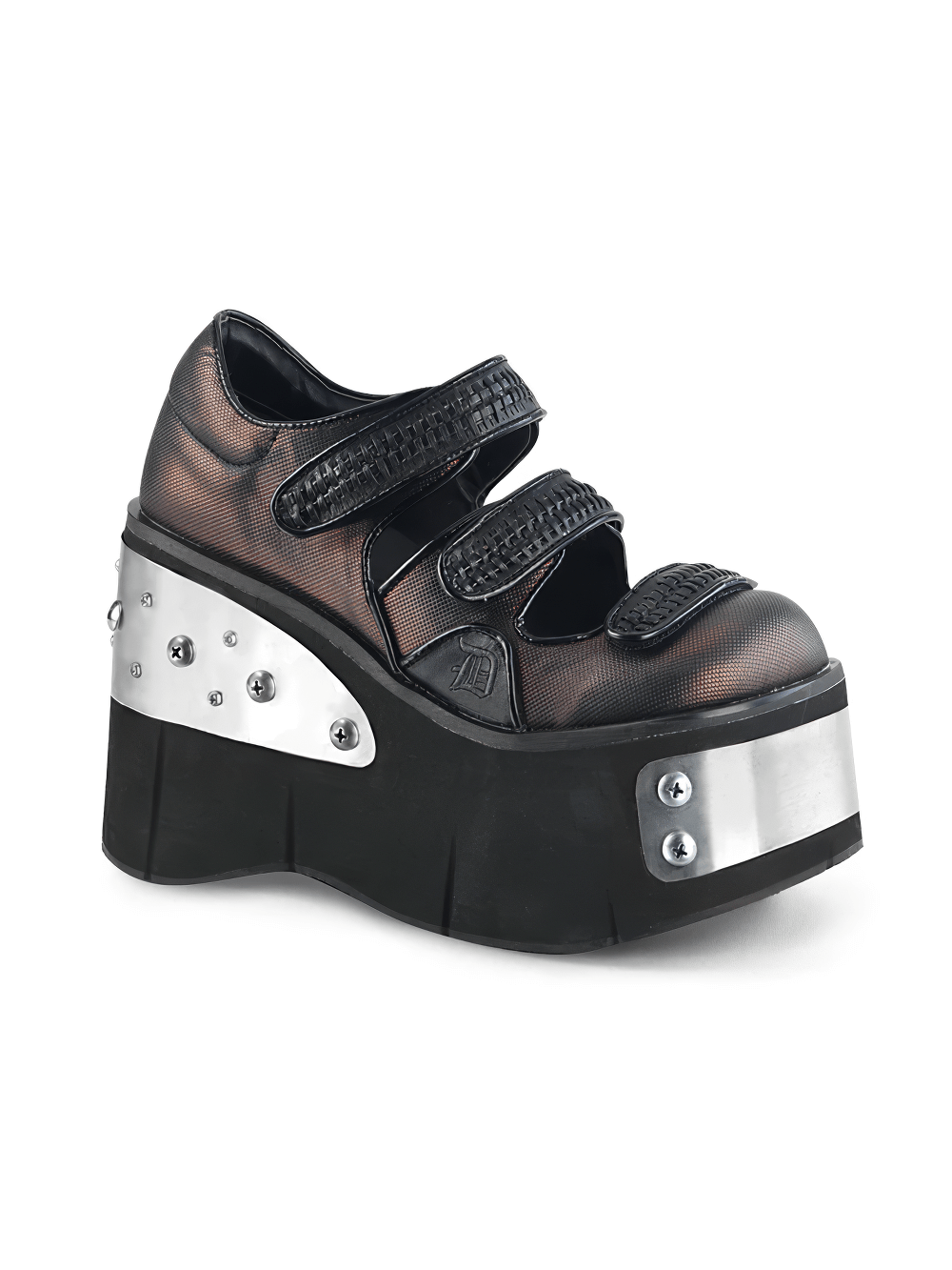 Demonia black-pewter platform Lolita shoes with metal details and hook n' loop straps for a stylish look.