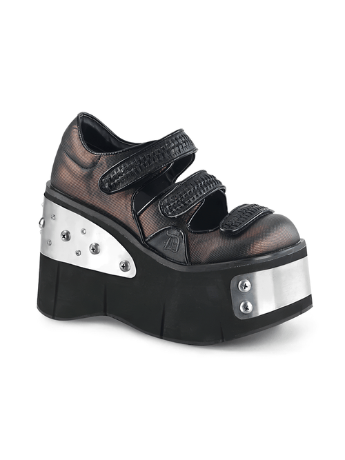 DEMONIA Zapatos Lolita de peltre negro con plataforma chapada en metal