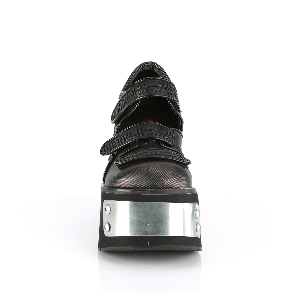 Front view of Demonia black-pewter metal-plated platform Lolita shoes with velcro straps.