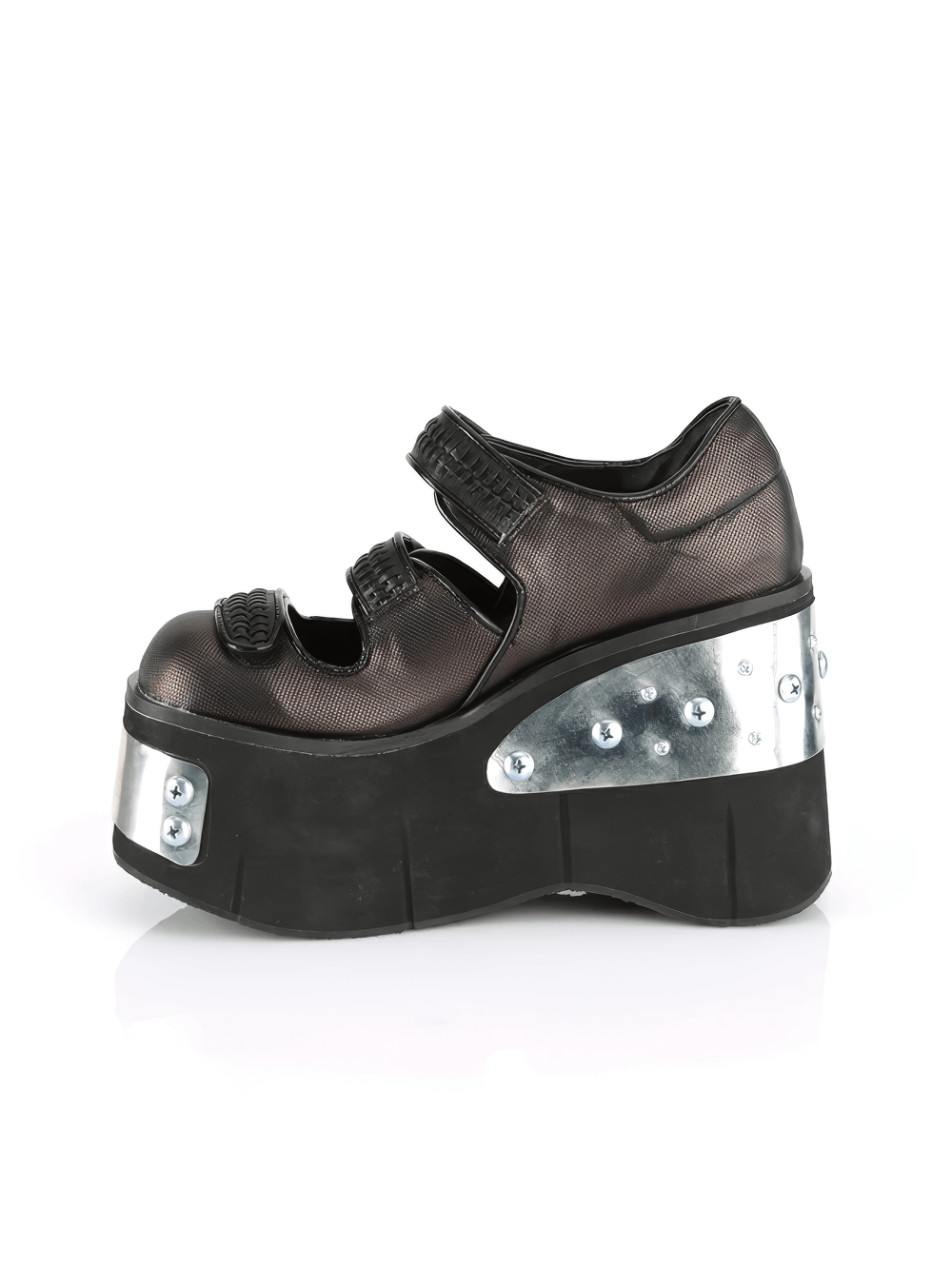 Metal-plated black-pewter Lolita shoes with a 4.5 inch platform and hook n' loop straps for a chic look.