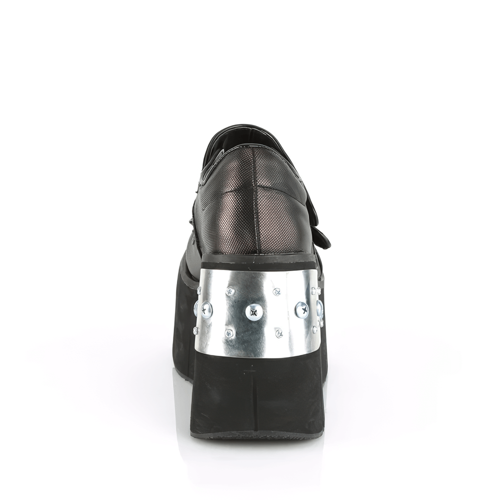 Back view of Demonia black-pewter Lolita shoes with metal-plated platform and stylish design.