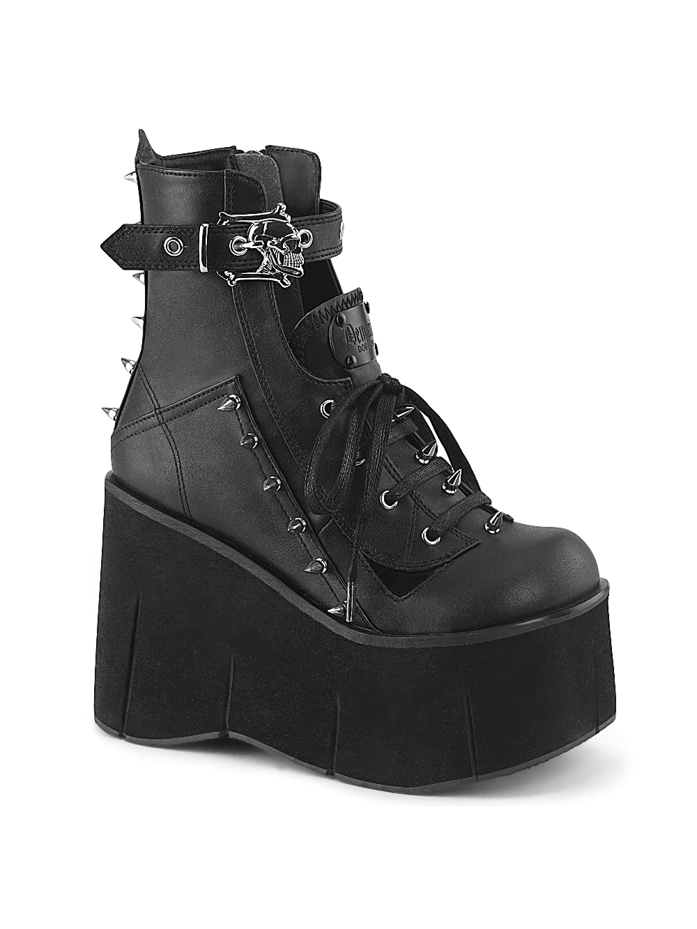 DEMONIA Metal Spike Studded Ankle Boot with Skull Detail