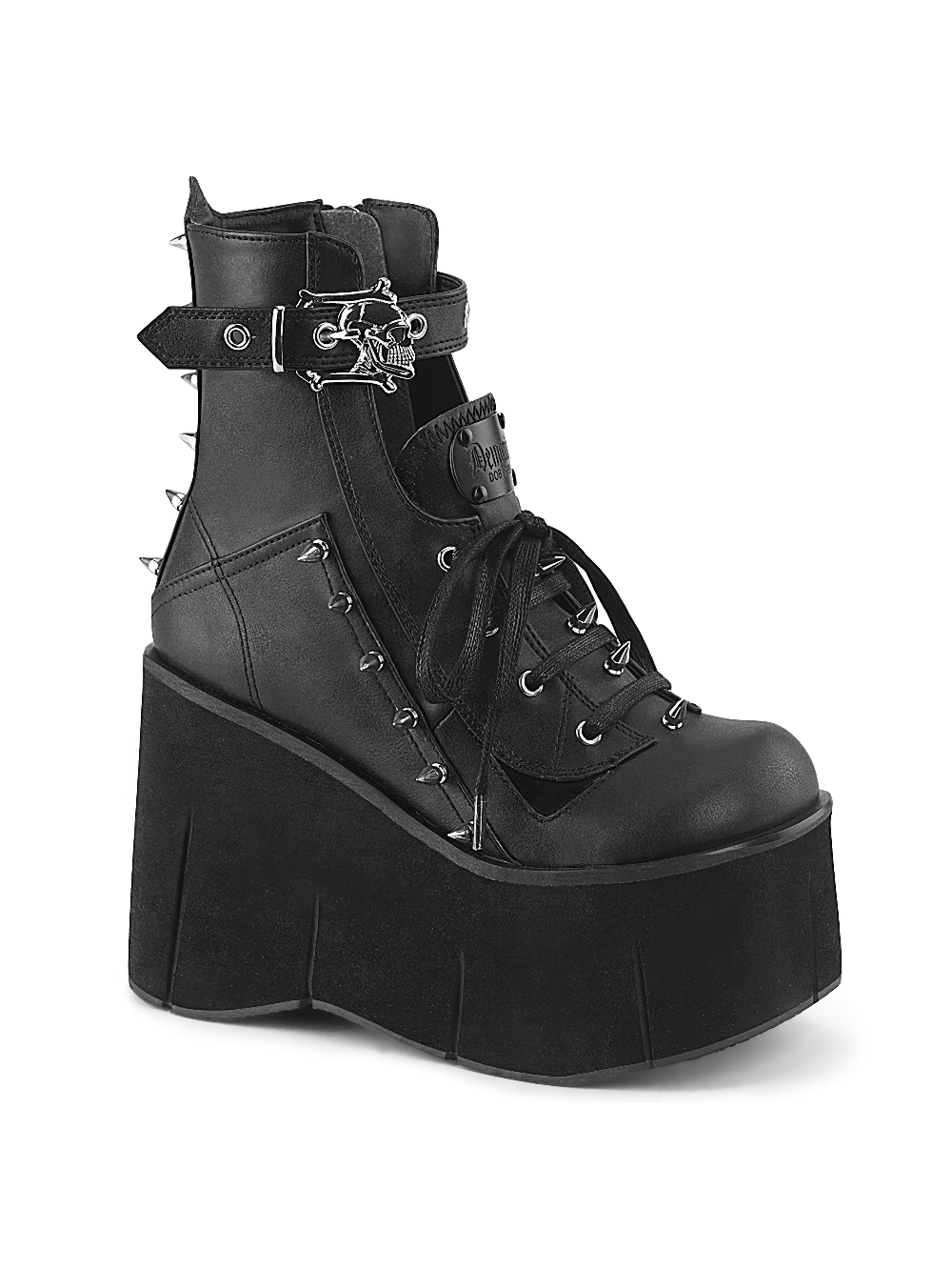 Gothic spiked ankle boot with skull detail and 4.5" platform in durable vegan leather.