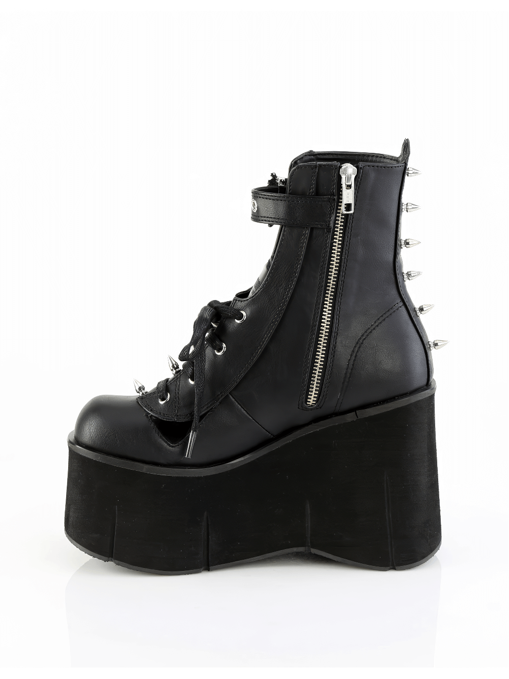 Gothic Demonia ankle boots with metal spikes, skull detail, and a high platform side view.