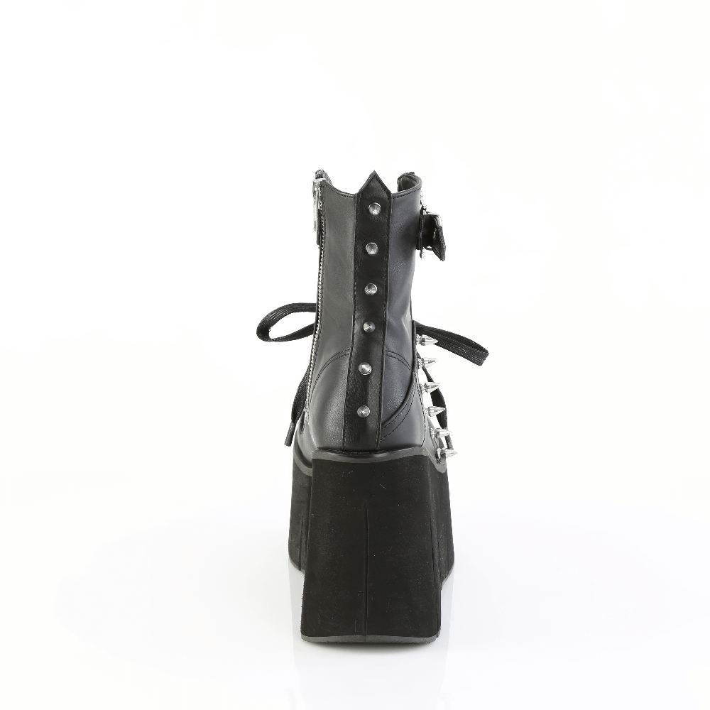 Back view of DEMONIA Gothic spiked ankle boot with skull strap and metal details, showcasing chunky platform and lace-up design.