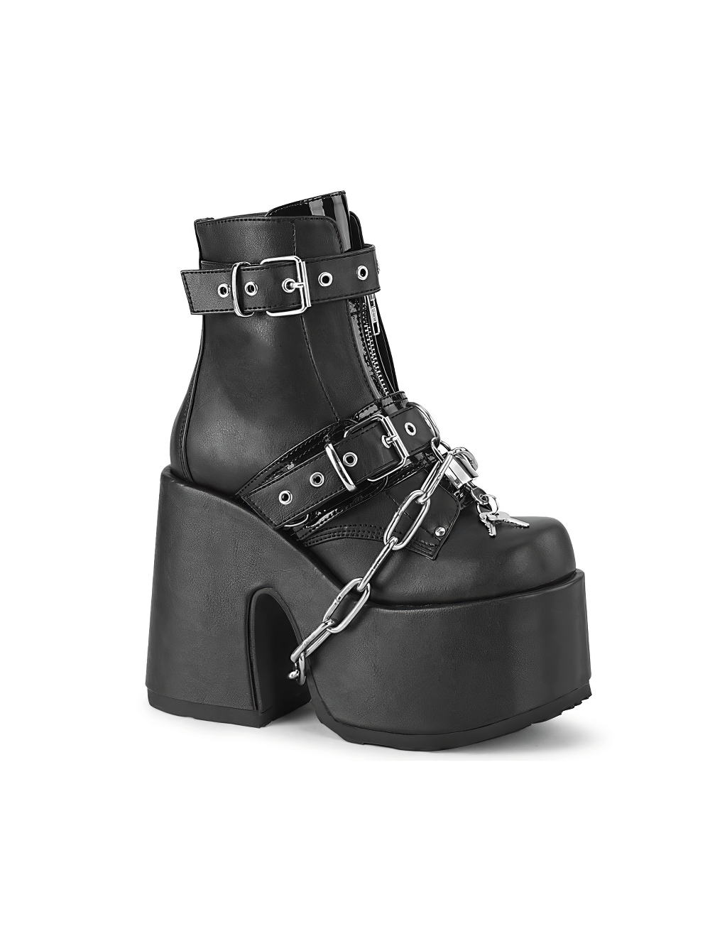 Daring Demonia metallic chain women's ankle boots with chunky heel and gothic design, perfect for bold styles.