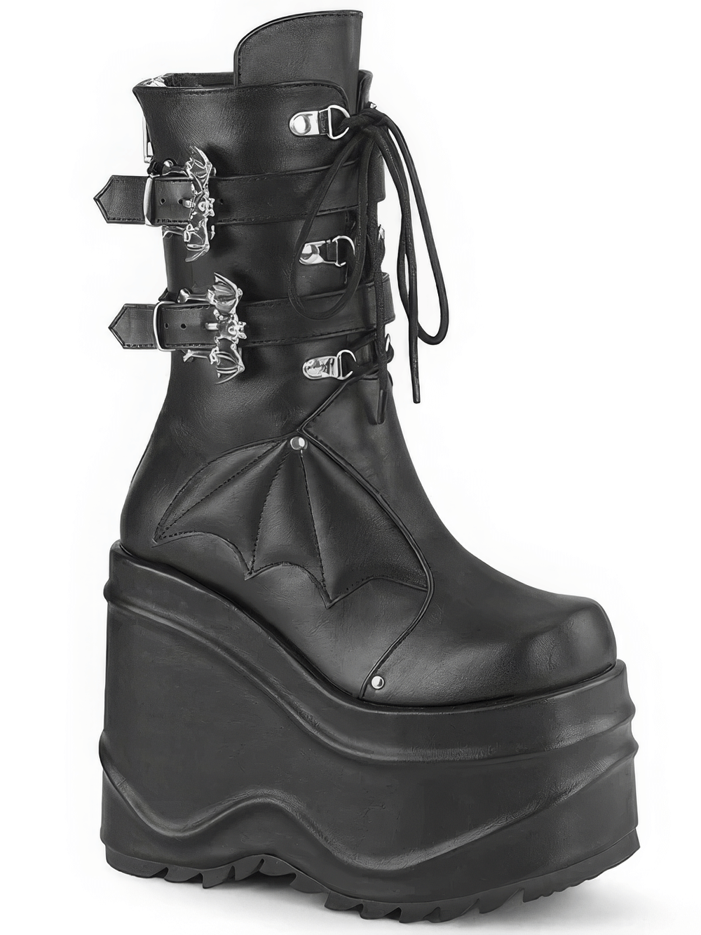 Gothic mid-calf bat wing buckle boots with lace-up, platform heel and quilted accents.