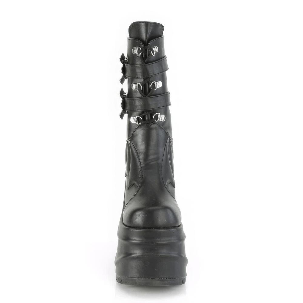 Demonia mid-calf bat wing boots with lace-up and buckle accents, perfect for gothic style enthusiasts.
