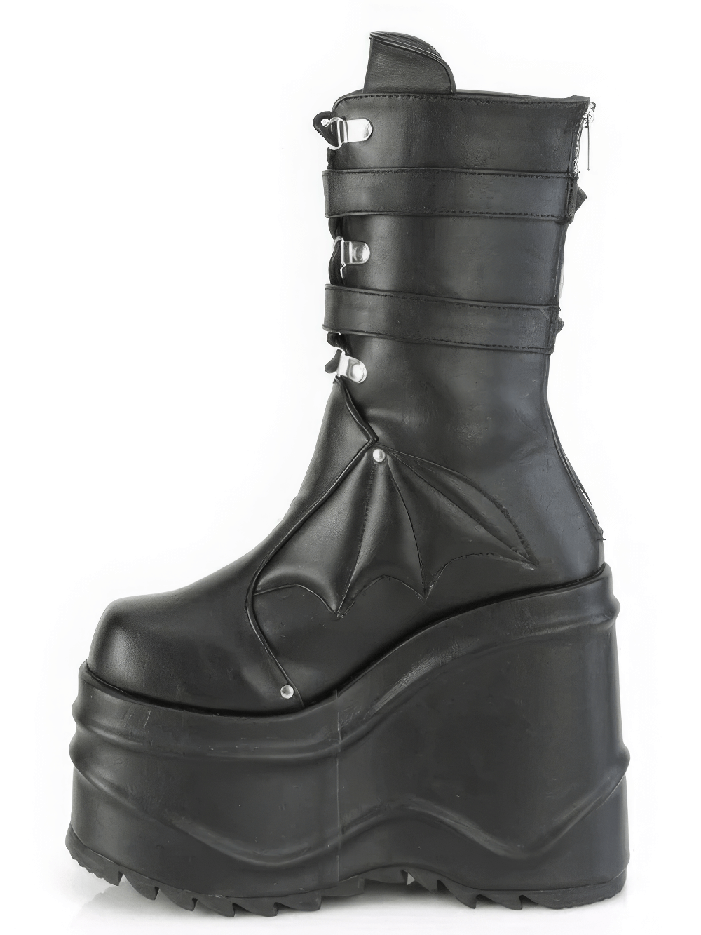 Gothic mid-calf Demonia boots with bat wing accents and a high platform for a dark, stylish look.