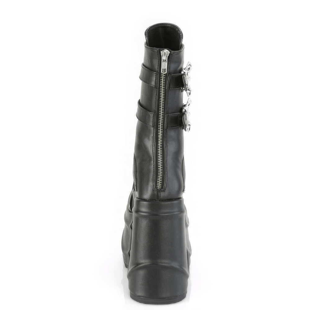 Black mid-calf Demonia boots featuring zippers and buckle straps, perfect for gothic fashion lovers.