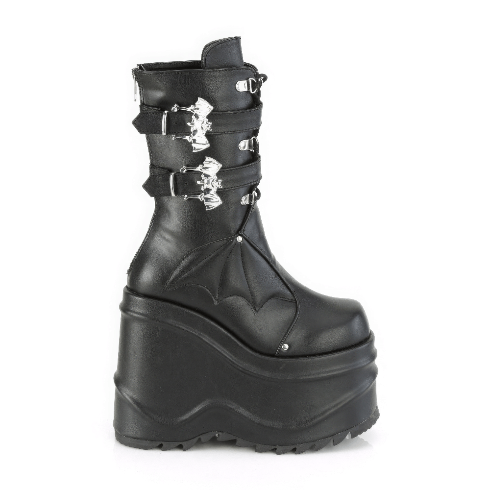 Demonia mid-calf black bat wing buckle boots with lace-up and quilted accents, ideal for gothic style.