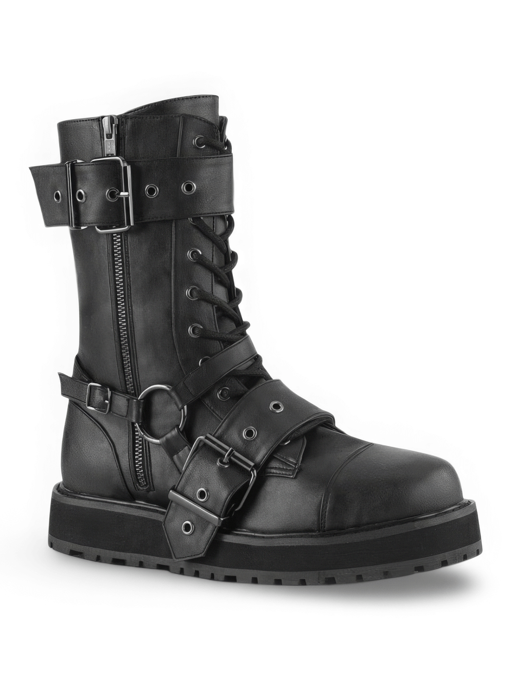 Black mid-calf Demonia boots with buckle straps, metal zipper, and lace-up design, perfect for edgy alternative fashion.