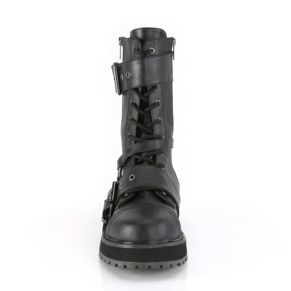 DEMONIA Mid-Calf Boots with Buckles and Metal Zipper