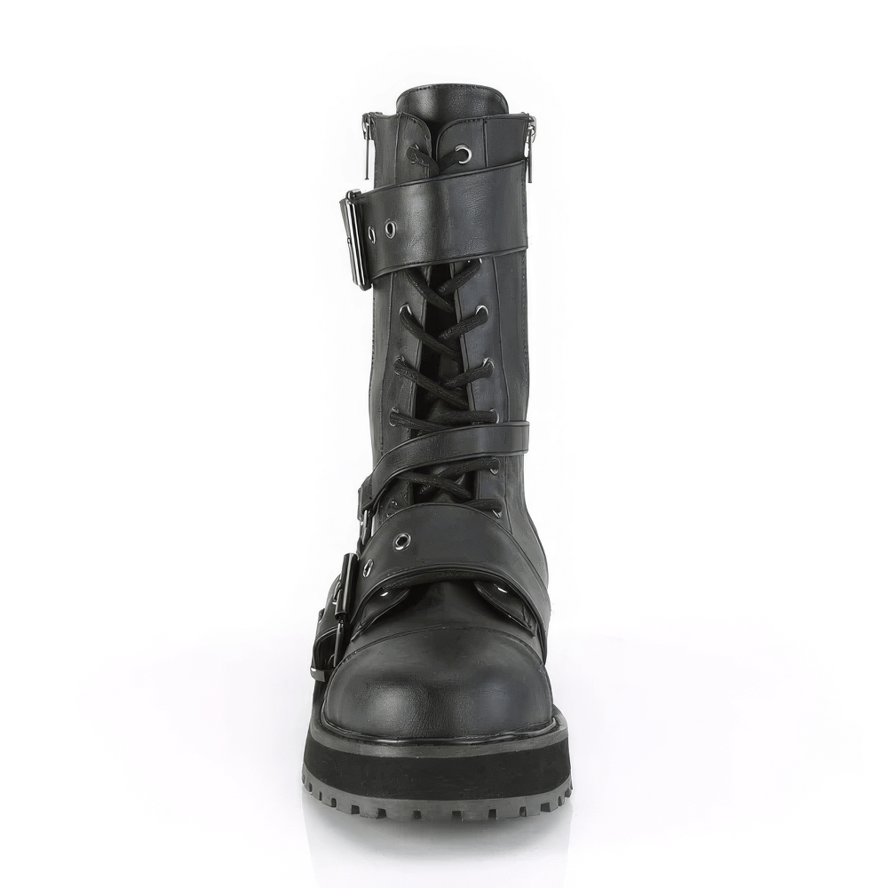 Edgy DEMONIA mid-calf black boots with buckles, metal zipper, and lace-up design, perfect for alternative fashion.