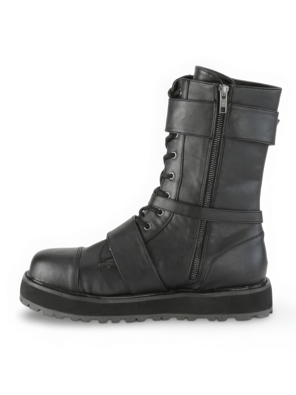 DEMONIA Mid-Calf Boots with Buckles and Metal Zipper