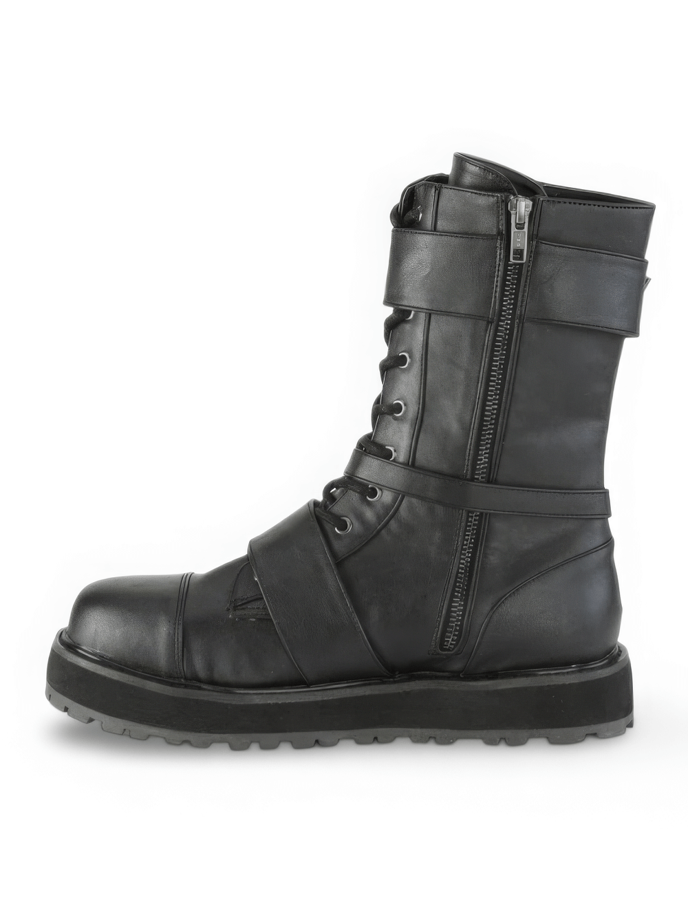 Demonia mid-calf boots featuring buckles, metal zipper, and edgy design in black vegan leather.