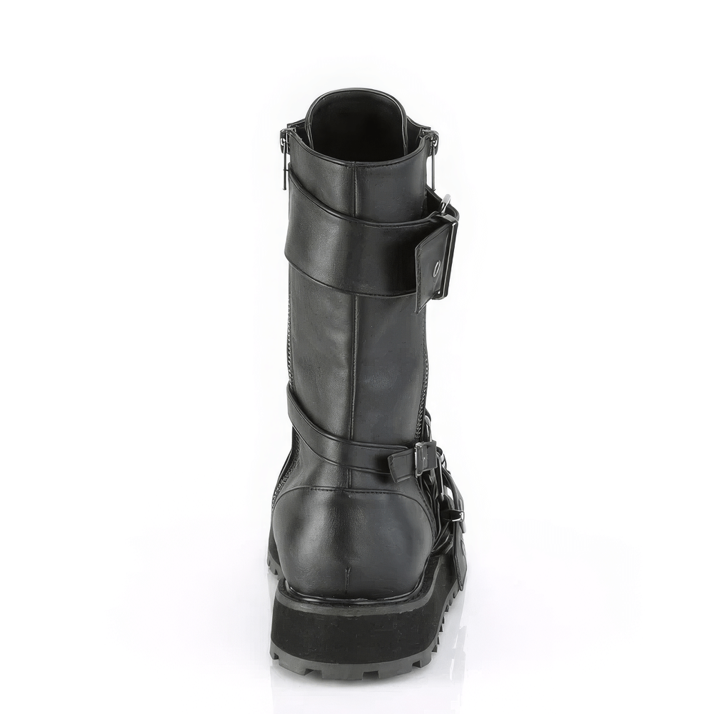 Back view of DEMONIA mid-calf boots featuring buckle straps and a stylish metal zipper.