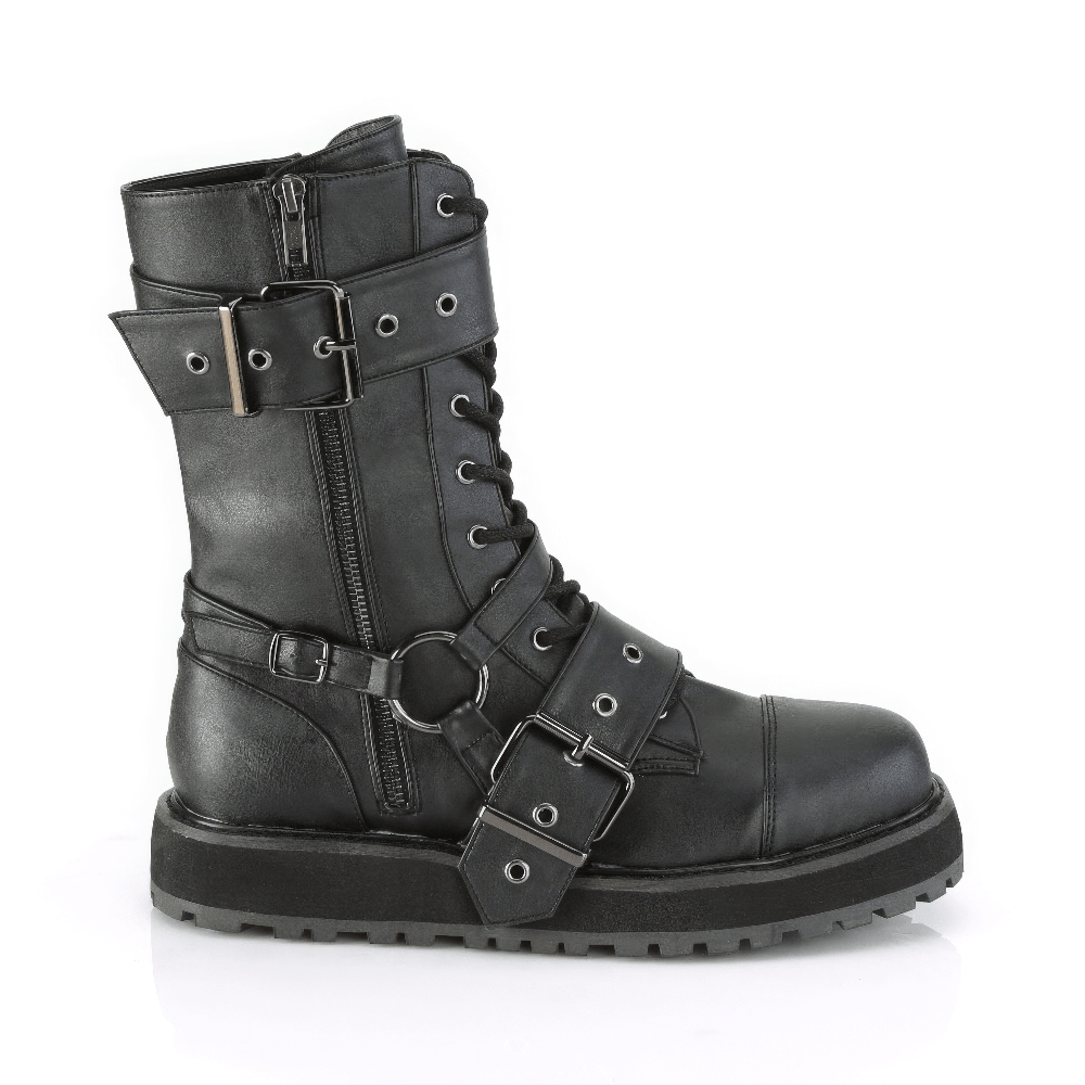 Edgy Demonia mid-calf boots in black vegan leather with buckles and metal zipper, perfect for alternative fashion.