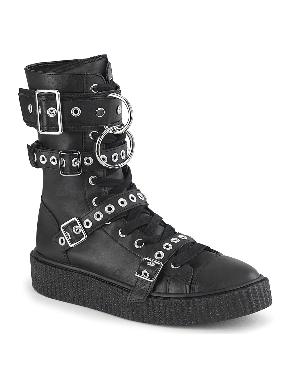Black mid-calf creeper boots with eyelet buckle straps and O-ring detail for a gothic style.