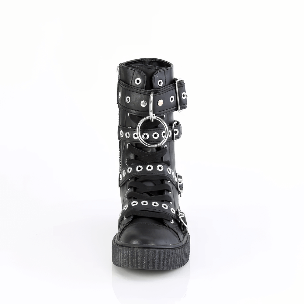 Demonia Mid-Calf Creeper Boots with eyelet buckle straps and O-ring detail, edgy unisex sneaker boots.