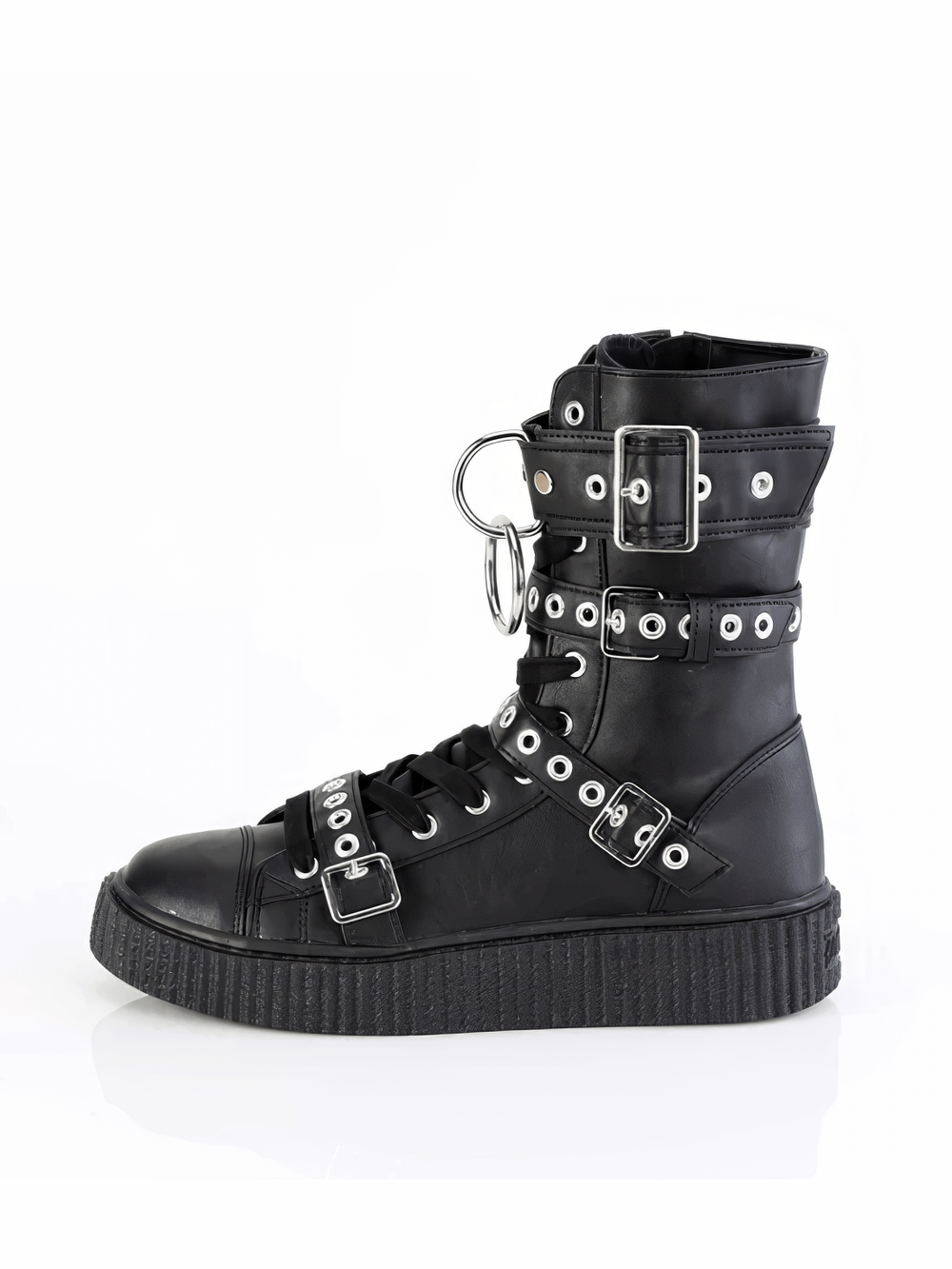 Demonia Mid-Calf Creeper Boots with eyelet buckle straps and O-ring detail, perfect for adding an edgy touch.