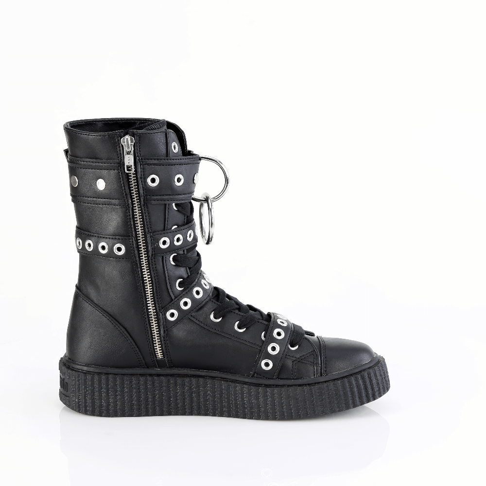 DEMONIA Mid-Calf Creeper Boots with Eyelet Buckle Straps