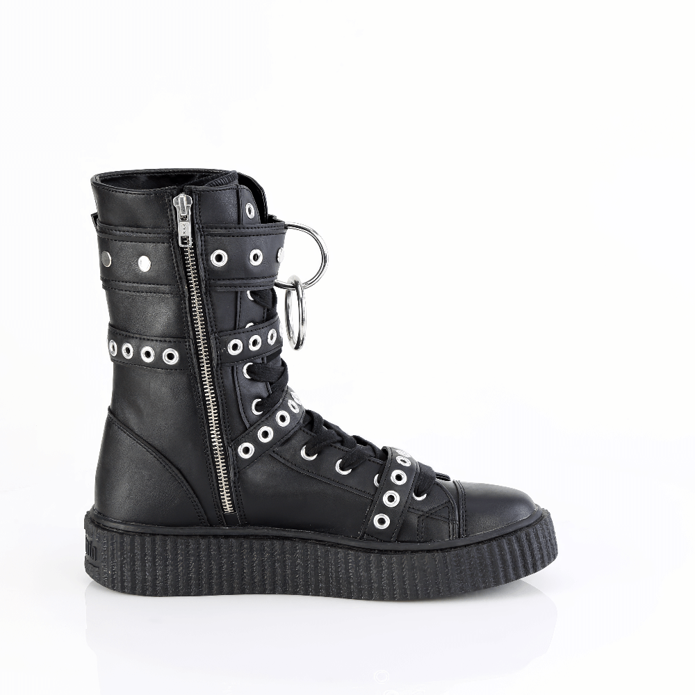 Demonia Mid-Calf Creeper Boots with eyelet buckle straps and O-ring detail, perfect for a rebel style.