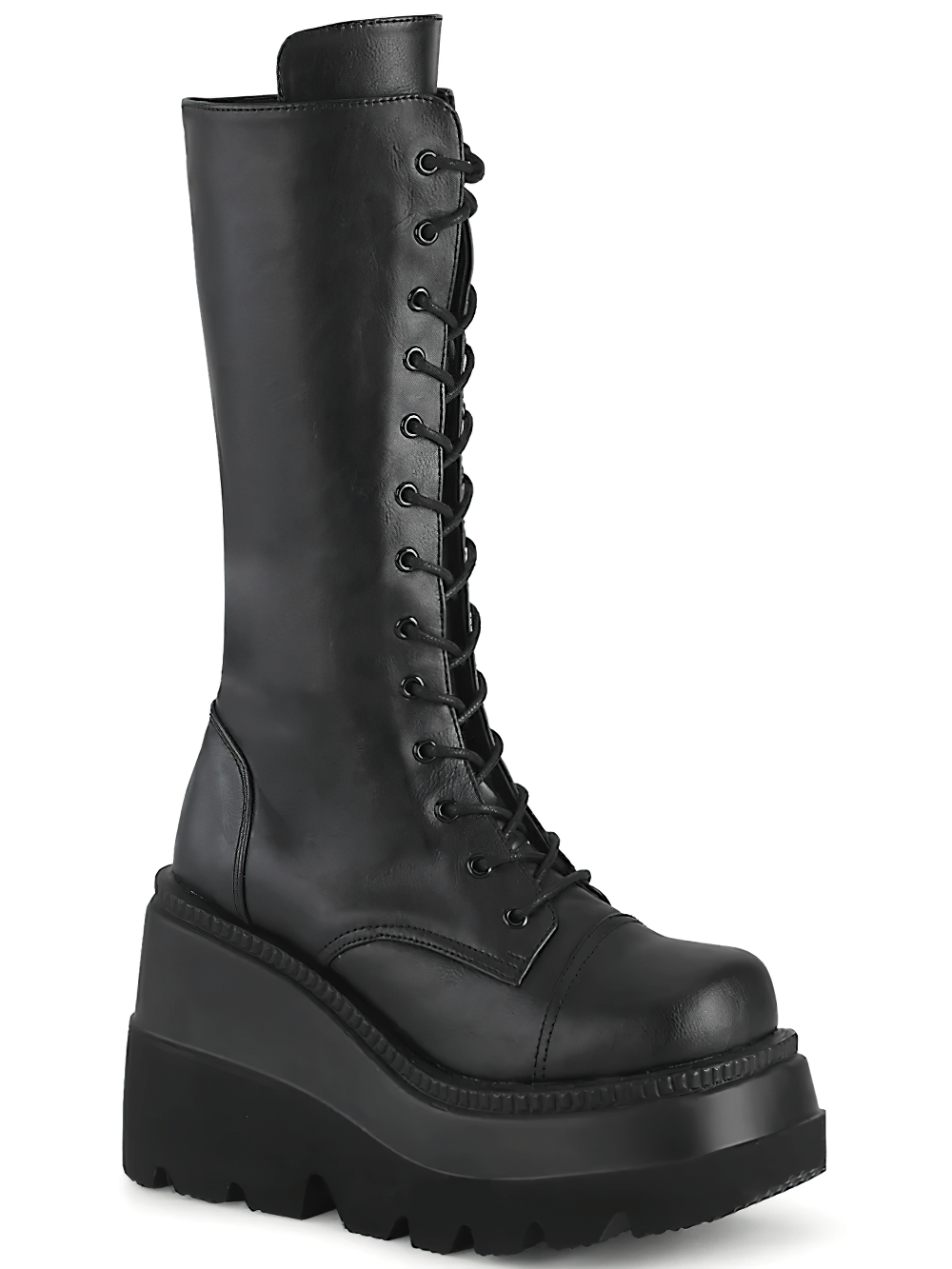 Demonia mid-calf lace-up platform boots for women in sleek black vegan leather with a bold wedge sole.